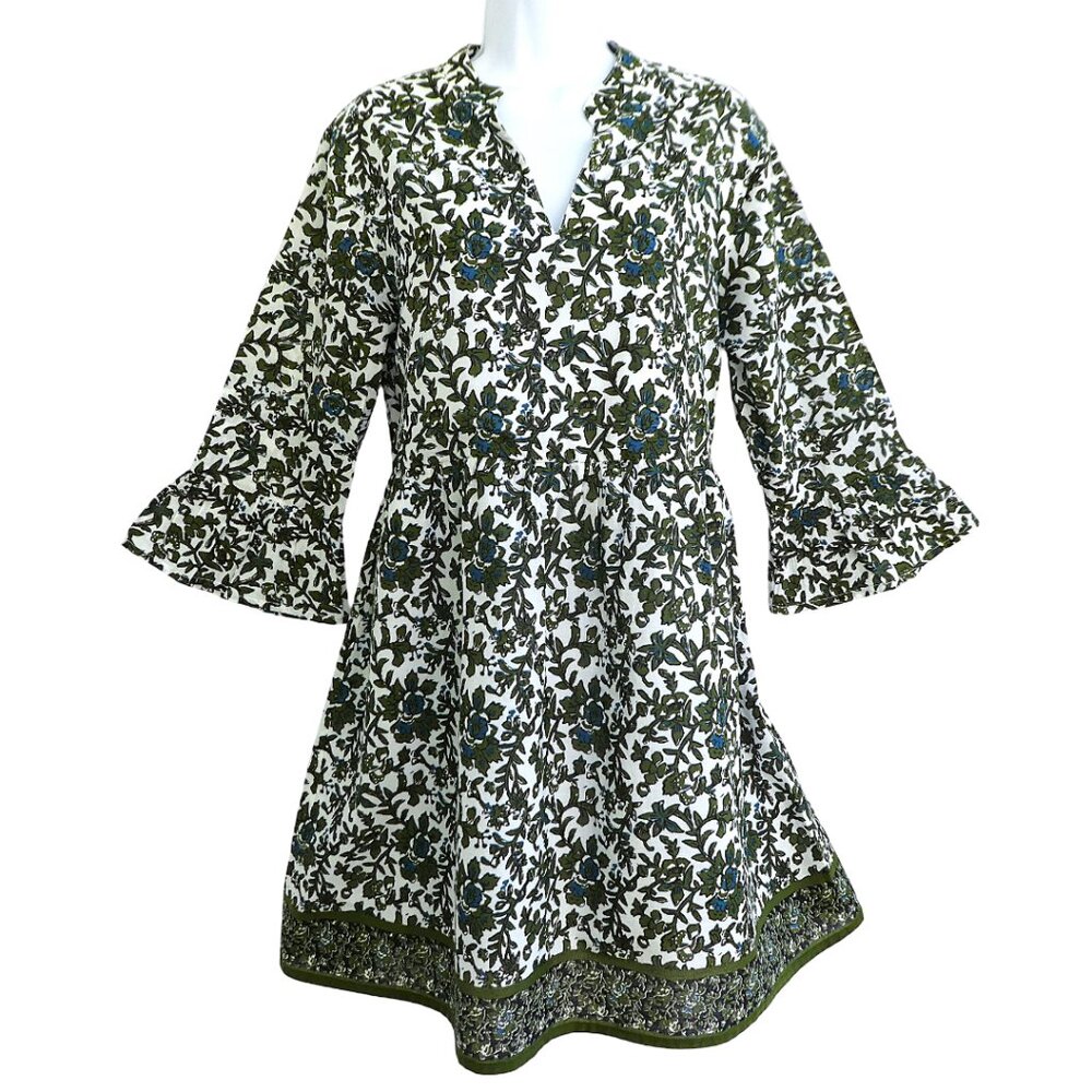 Jude Connally Green Floral Cotton Midi Dress Long Sleeve Flounce Cuffs Border M